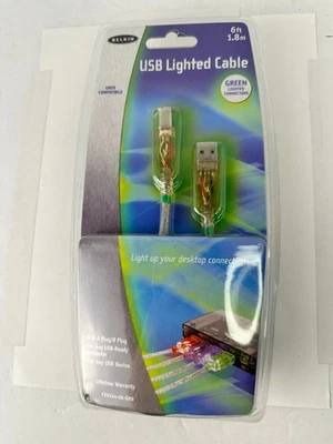 Belkin USB A to B Green Lit Cable (clear) 6 ft. BRAND NEW in Sealed Package - Image 1 of 2