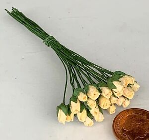 Bunch Of 25 Pale Yellow Paper Rose Buds Tumdee 1:12 Scale Dolls House Flowers