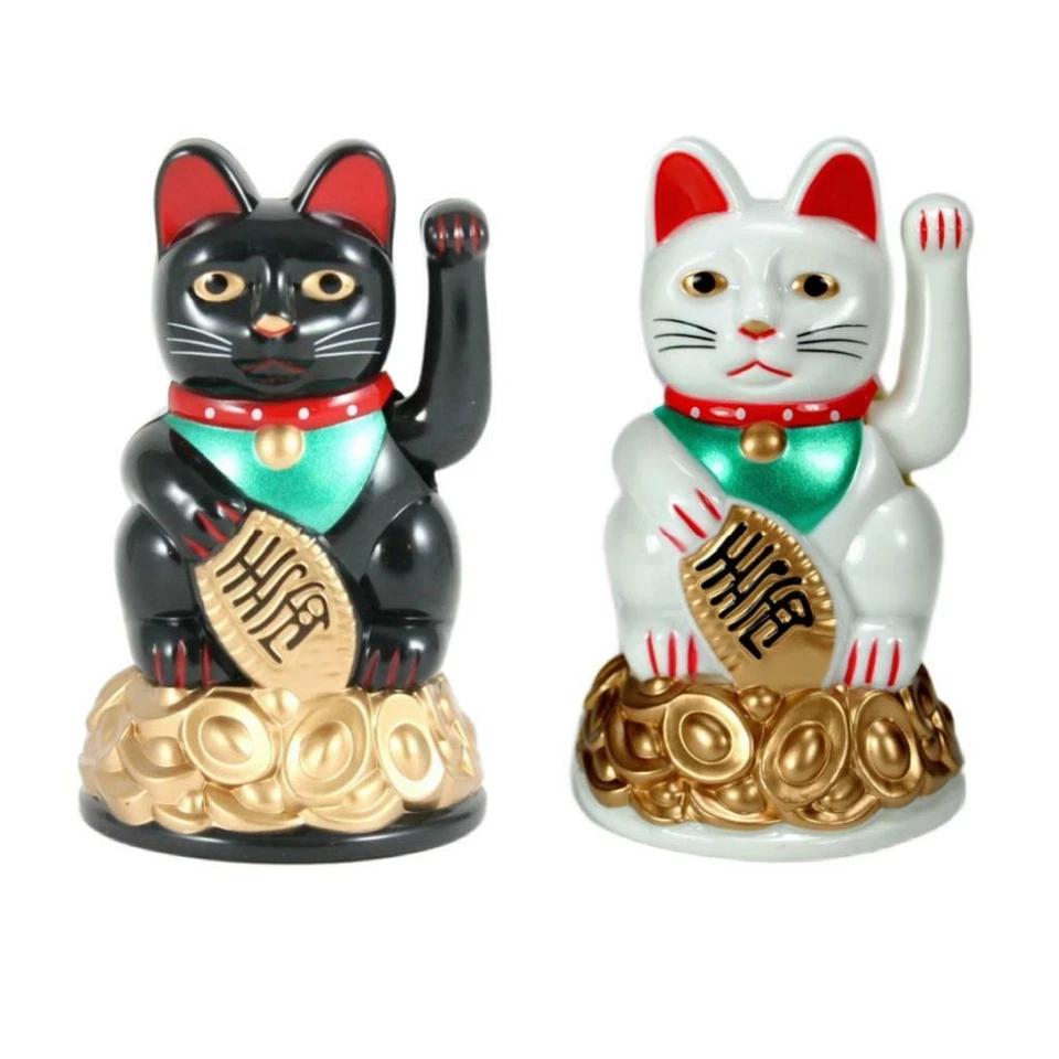 LUCKY BECKONING FORTUNE CAT 4" Blanco o Negro Maneki Neko Waving Wealth Kitty Foto 1 de 1