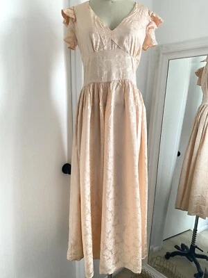 Vestido Floral Satinado De Colección Años 70 80 Melocotón Baile de graduación Fiesta Mangas Acampadas Talla S Foto 1 de 4