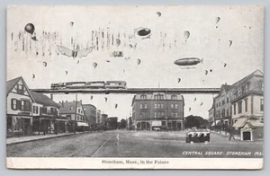 Postkarte MA Stoneham Central Sq Future Fantasy Blimp Skyway Zug Trolley M4 - Bild 1 von 2
