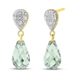 14K.SOLID GOLD EARRINGS WITH DIAMONDS & GREEN AMETHYST (Yellow Gold) - Picture 1 of 4