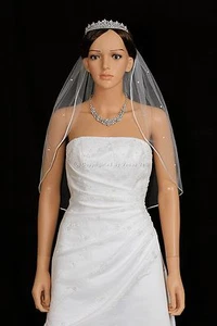 Velo de boda 1T blanco longitud codo de novia estrás dispersos borde cola de rata - Imagen 1 de 5