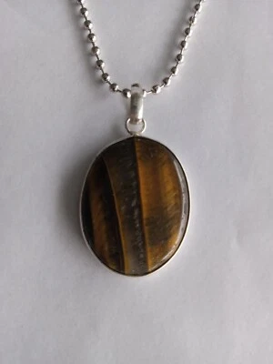 Collar colgante de plata ojo de tigre artesanal en cadena de cuentas de bola Foto 1 de 4