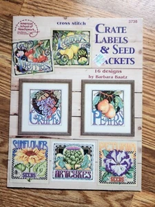 Crate Labels & Seed Packets cross stitch Barbara Baatz 16 designs VG condition - Picture 1 of 2