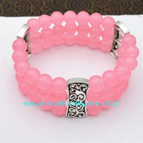 VALENTINO Bracciale elastico fine 3 file 8 mm giada rosa gemme rotonde perline argento tibetano 7 5''