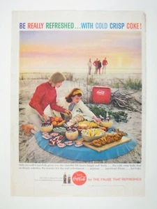 Vintage 1950s Coca-Cola Beach Picnic Ad Print Red Cooler Sunset Scene MOD Fashio - Picture 1 of 2