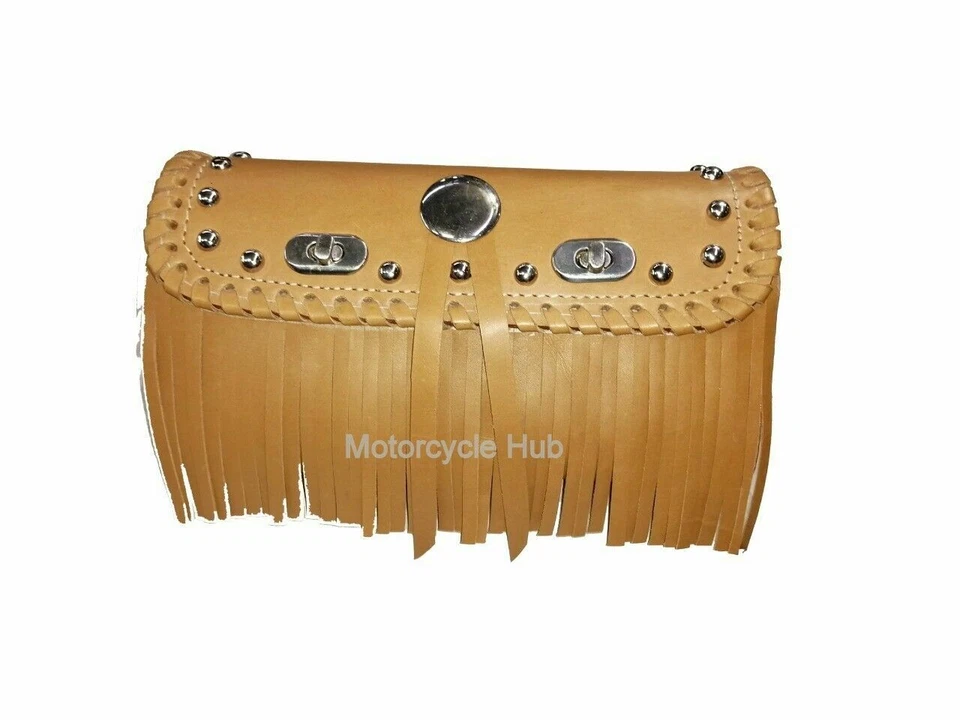 Pure Leather Tan Color Tool Bag Fit For Indian Motorcycles With Studs & Fringe. Foto 1 de 4