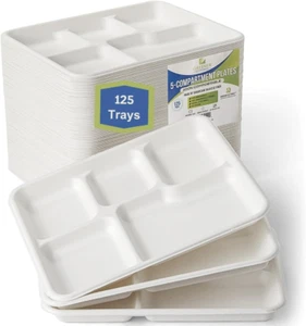 100% Compostable 5 Compartment Paper Plates - Smaller Tray 10 X 8 Inch Dispos... - Picture 1 of 1