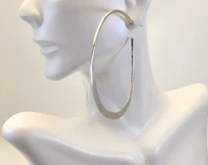 Sterling Large Wide Oval Hand Crafted Hammered Forged Flat Hoop Dangle Earrings - Picture 1 of 8
