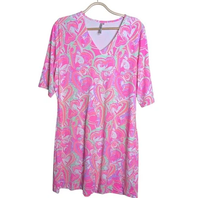 Lulu-B V Neck Dress XL Pink Heart Swirl Print UPF Travel Casual Resort Wear - Image 1 of 4