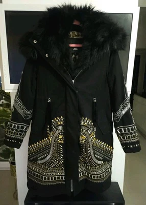 River Island Embellished Parka Coat UK 10 Black Parka Faux Fur Hooded Plush  - Image 1 of 4