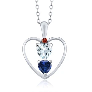 925 Sterling Silver Aquamarine Created Sapphire and Garnet Pendant Necklace For - Picture 1 of 3