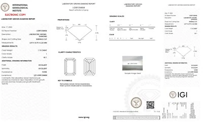Diamante CVD I certificado IGI corte esmeralda 1,13 quilates cultivado en laboratorio color VS1 claridad Foto 1 de 4