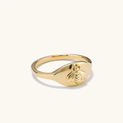 Precioso anillo de sello para mujer de oro amarillo de 10 quilates acabado alto diseño abeja melífera 3D Foto 1 de 4