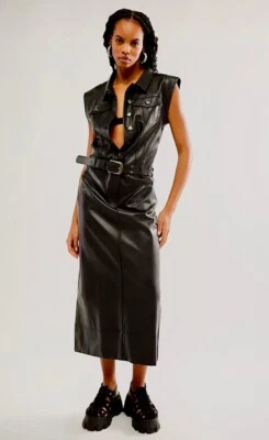 Maxi Vestido Free People Danni Cuero Vegano Midi Botones Manga Gorra Negro M Nuevo con Etiquetas Foto 1 de 4