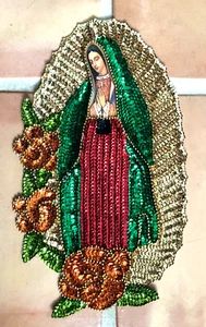 Vintage Virgin de Guadalupe 14" x 8" Mexican Art Handmade Sewing Patch w Sequins - Picture 1 of 4