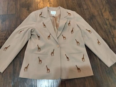 THE QUACKER FACTORY Embroidered Giraffe Khaki Blazer Large Safari Animal Jacket - Image 1 of 4
