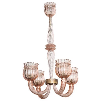 Four Arm Art Deco Salmon Blown Glass Chandelier by Barovier & Toso, Italy, 1940 - Image 1 of 4