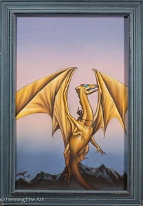 Rare Dawn Wilson Vintage Yellow Fantasy Dragon Oil Painting, Signed & Framed! - Picture 1 of 9