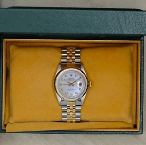 Rolex Mens Datejust Gold & SS White MOP Fluted Watch 16233 Original Box & Paper - Picture 1 of 22