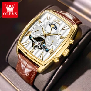 Relojes de pulsera mecánicos automáticos de tourbillon hueco con correa de cuero de 3 ojos OLEVS para hombre - Imagen 1 de 12