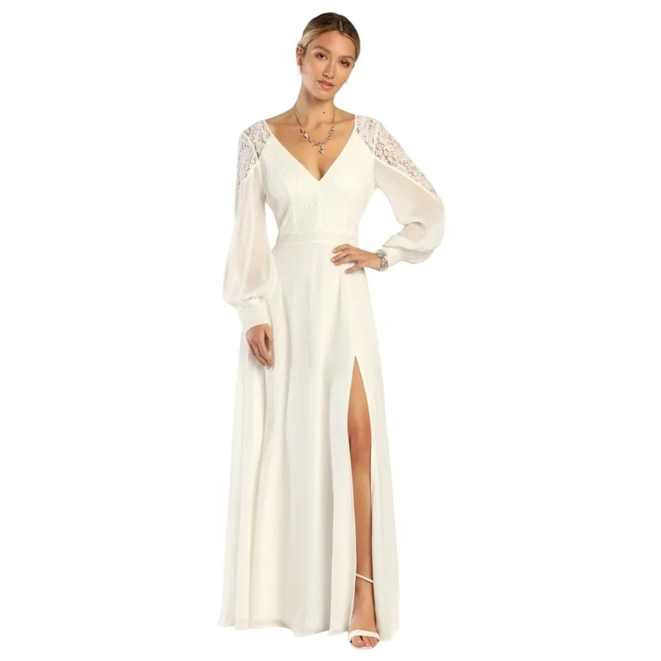 Lulus Bridal Astra White Lace Long Sleeve Backless Maxi #1994956 Size M