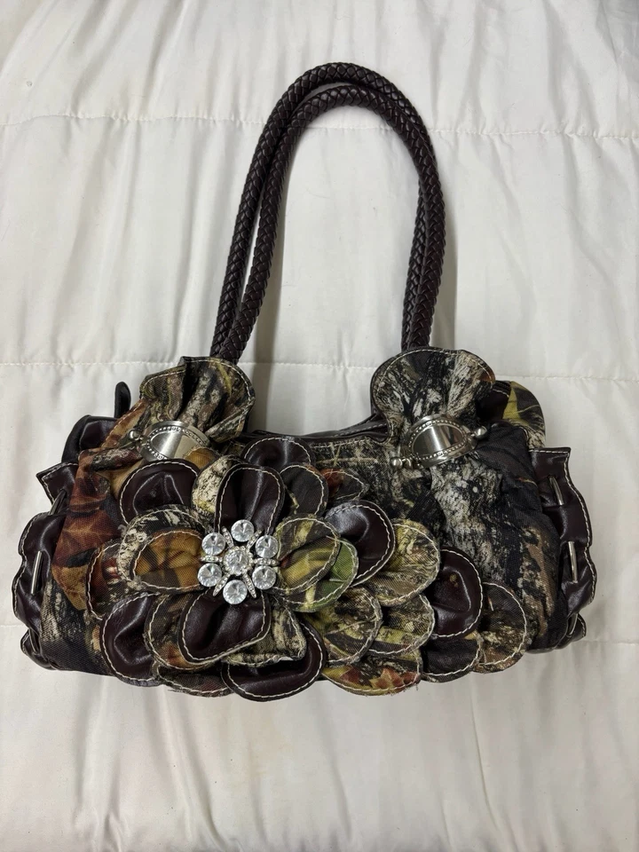 Bolso de mano/cartera mediano vintage de roble musgo marrón camuflaje con dos asas Foto 1 de 4