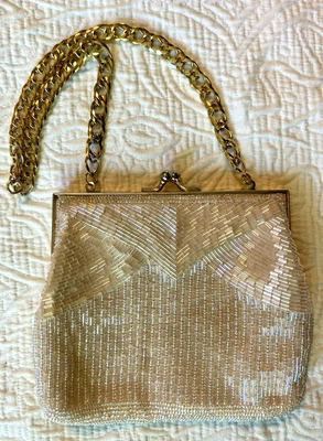 1950s Magid Beaded Clutch Purse Gold w Chain Strap & Kiss Clasp 5"x 6" Heavy - Image 1 of 4