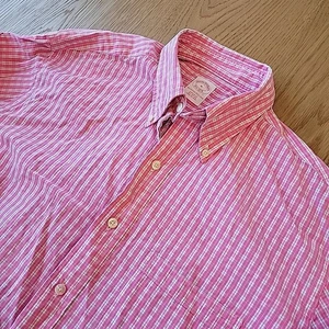 Brooks Brothers Dress Shirt Mens Medium Pink Plaid All Cotton Long Sleeve Button - Picture 1 of 9