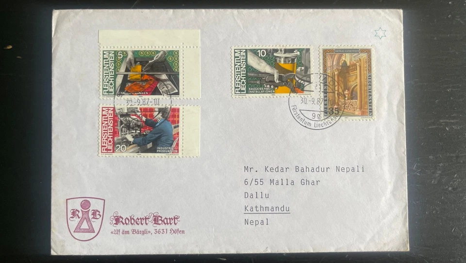 1987 Liechtenstein Airmail Cover to Nepal – Industrial & Architecture Stamps - Image 1 of 2