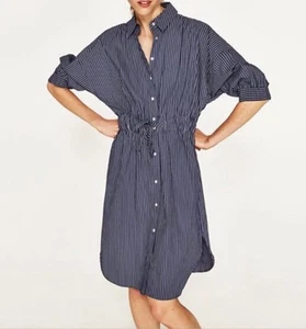 ZARA gestreiftes Midi-Hemdblusenkleid mit Gürtel M marine creme Knopfleiste Freizeit Damen - Bild 1 von 11
