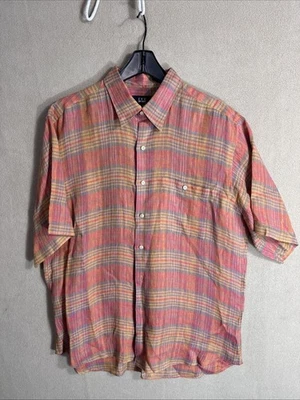 Vintage IKE BEHAR Shirt Mens Large Multicolor Striped Plaid Button Up Linen USA - Image 1 of 4