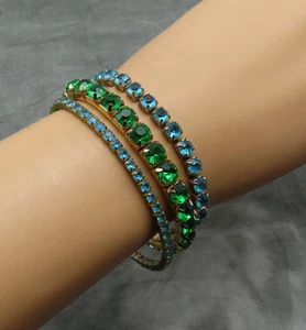 Rhinestone Bracelet Set 3 Vintage Green Aqua Blue Crystal Bangles Stretchy 657a - Picture 1 of 9