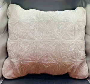 White Opalescent Beaded Pillow Geometric Pattern Bugle & Seed Beads 13 X 11.5" - Picture 1 of 8