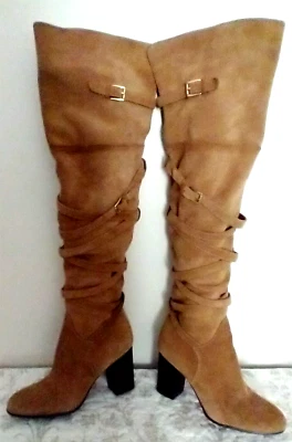 Sam Elelman Sable Botas con Tiras de Cuero/Gamuza Tacón Bloque Sobre la Rodilla 7.5 M Foto 1 de 4
