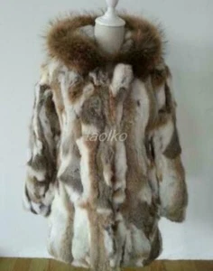 Cappotto donna vera pelliccia di coniglio fattoria con cappuccio outwear spesso soprabito caldo tg - Foto 1 di 8