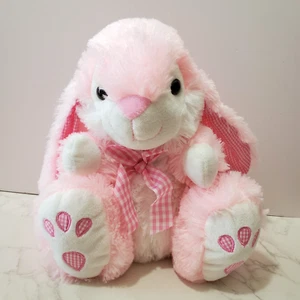Peluche coniglietto coniglio vintage imbottito rosa bianco check orecchie fiocco 12" seduto - Foto 1 di 6