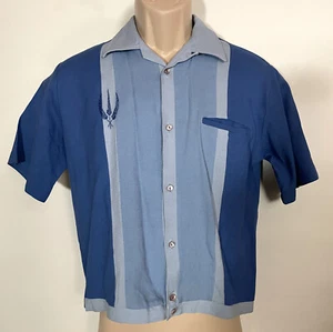 1950s Vintage Mens Rockabilly Blue 2 Tone Rayon Button Down Loop Shirt Jacket M - Picture 1 of 11