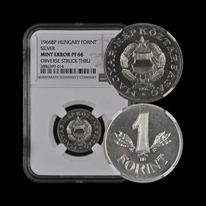 HUNGARY. 1966, 1 Forint, Silver - NGC PF66 - Obverse Struck Thru, Ex-Set, RARE - Picture 1 of 5