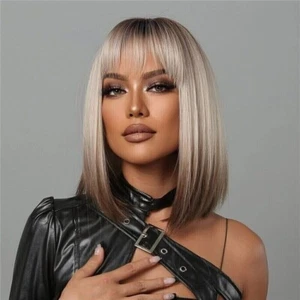 Short Straight Synthetic Wigs for Women Blonde to Brown Ombre Bob Wig with Bangs - Picture 1 of 6