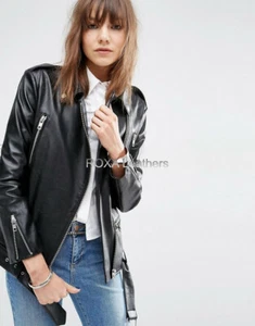 Motorcycle Rider Women Belted Black Coat Authentic Lambskin 100% Leather Jacket - Picture 1 of 7