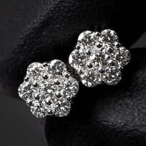 Flower Cluster 14K White Gold 0.97Ct VVS Lab Grown Diamond Stud Earrings - Picture 1 of 7