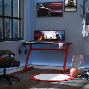 Gaming Desk Steel Frame Cup Headphone Holder Adjustable Feet Home Red