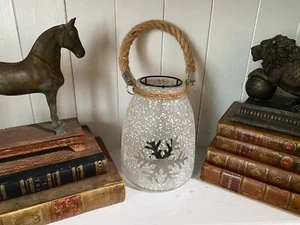 Frosted White Snow Flake Hurricane Lantern Candle Holder Scandi Nordic Storm - Picture 1 of 12