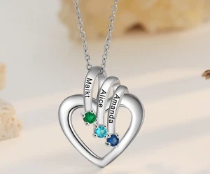 Personalized Heart 3 Name 3 Birthstone Necklace For Mom or Grandma - Picture 1 of 6