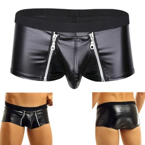 Men's Faux Leather Zipper Pouch Boxer Briefs Shorts Trunks Underwear Swimwear - Foto 1 di 23