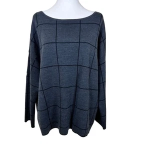 Maglione Eileen Fisher antracite vetro finestra check boxy misto lana collo barca XL USATO IN OTTIME CONDIZIONI - Foto 1 di 6