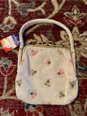 Nuevo con etiquetas Bolso de Mano Vintage Lumurado Corde Cuentas Cartera de Noche Marfil Floral Rosa EE. UU. Foto 1 de 4