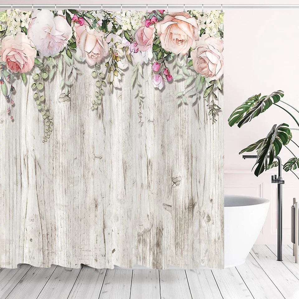 Tititex Pink Roses Flower Shower Curtain Sets Blossoming Floral on Rutic Grey W